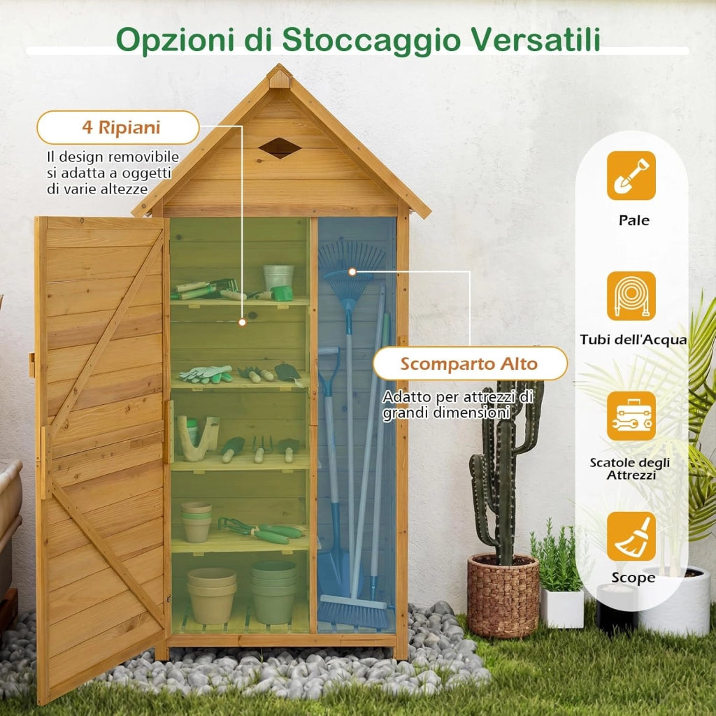 Armadio da Esterno in Legno, Casetta da Esterno con Ante, Ripiani Rimovibili, Serrature e Tetto Inclinato, Armadietto Versatile da Giardino, Balcone e Cortile (81 x 46 x 174 cm)