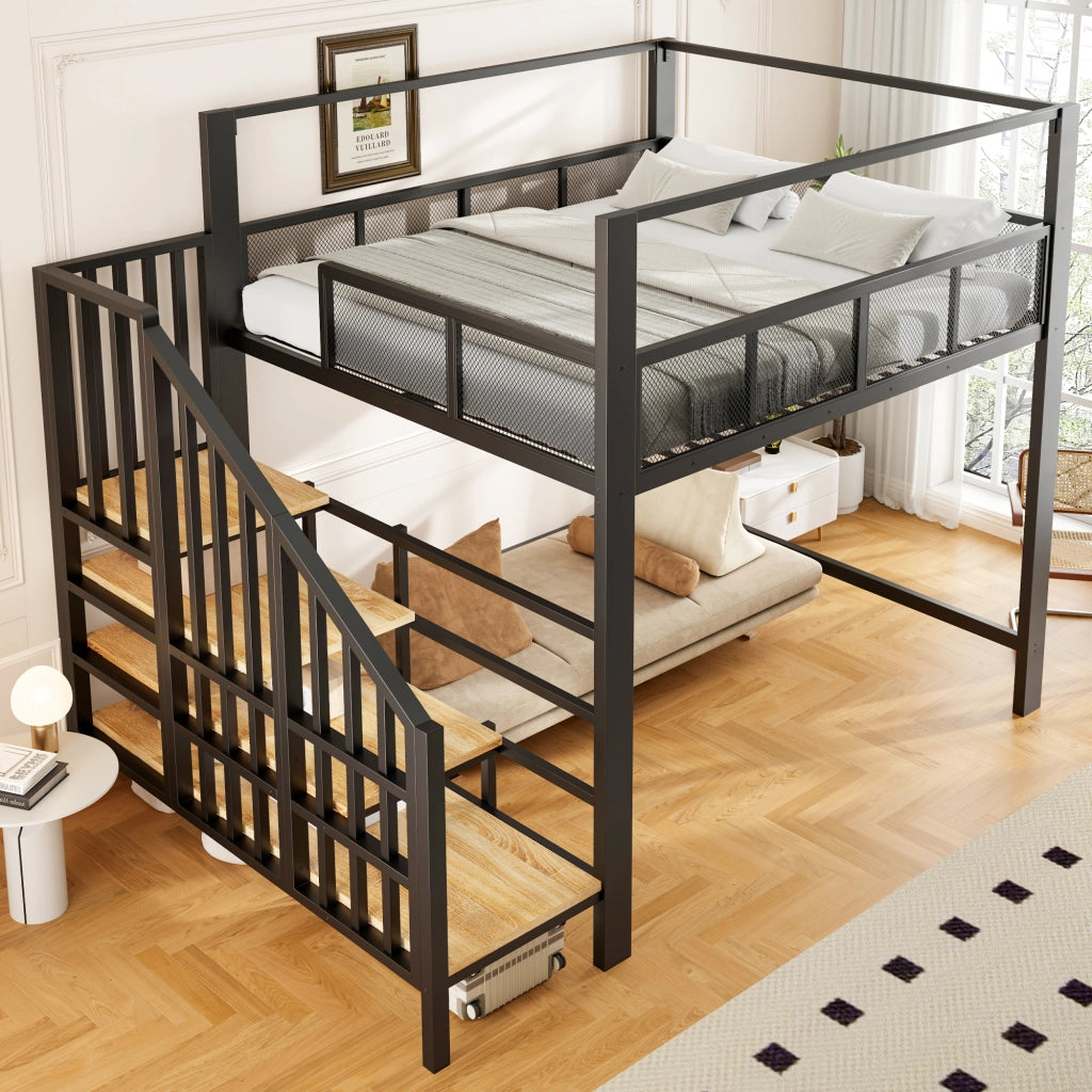Letto a soppalco alto in metallo 140x200 cm con scala contenitore, baldacchino e rete di sicurezza, nero