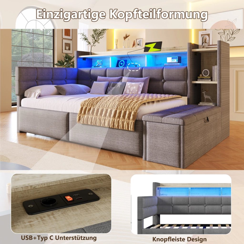 OKWISH Letto a Divano 90×190 cm, Letto Singolo con 2 Cassetti, USB, Tipo C, Mensola e LED Regolabile, senza Materasso, Velluto, Grigio Scuro