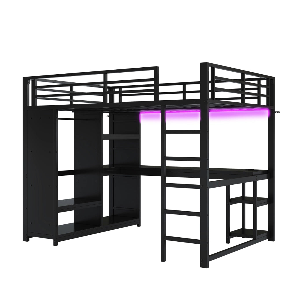 Letto a castello metallico nero con scrivania LED e armadio aperto 140x200 cm