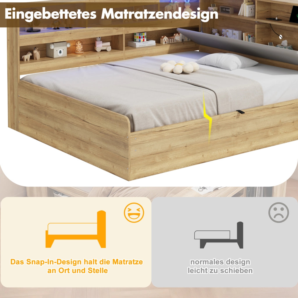 Letto per bambini 90 × 200 cm et 140 × 200 cm contenitore idraulico, LED, USB et USB-C, senza materasso, in MDF, naturale