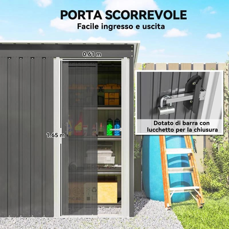 CAPANNO ATTREZZI CON TETTO INCLINATO E PORTA SCORREVOLE, IN ACCIAIO E PP, 163X89X182 CM, GRIGIO CHIARO