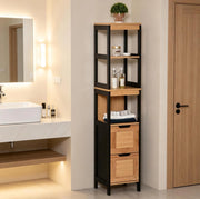 Colonna bagno in bambù e MDF con 3 ripiani e 2 cassetti, 30 x 30 x 144,3 cm