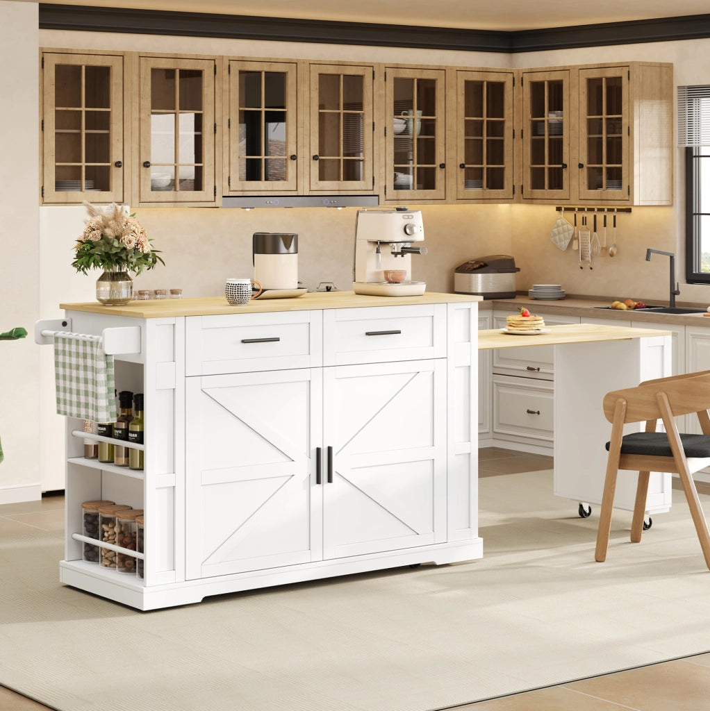 Isola cucina mobile con piano estraibile e prese, bianco rovere