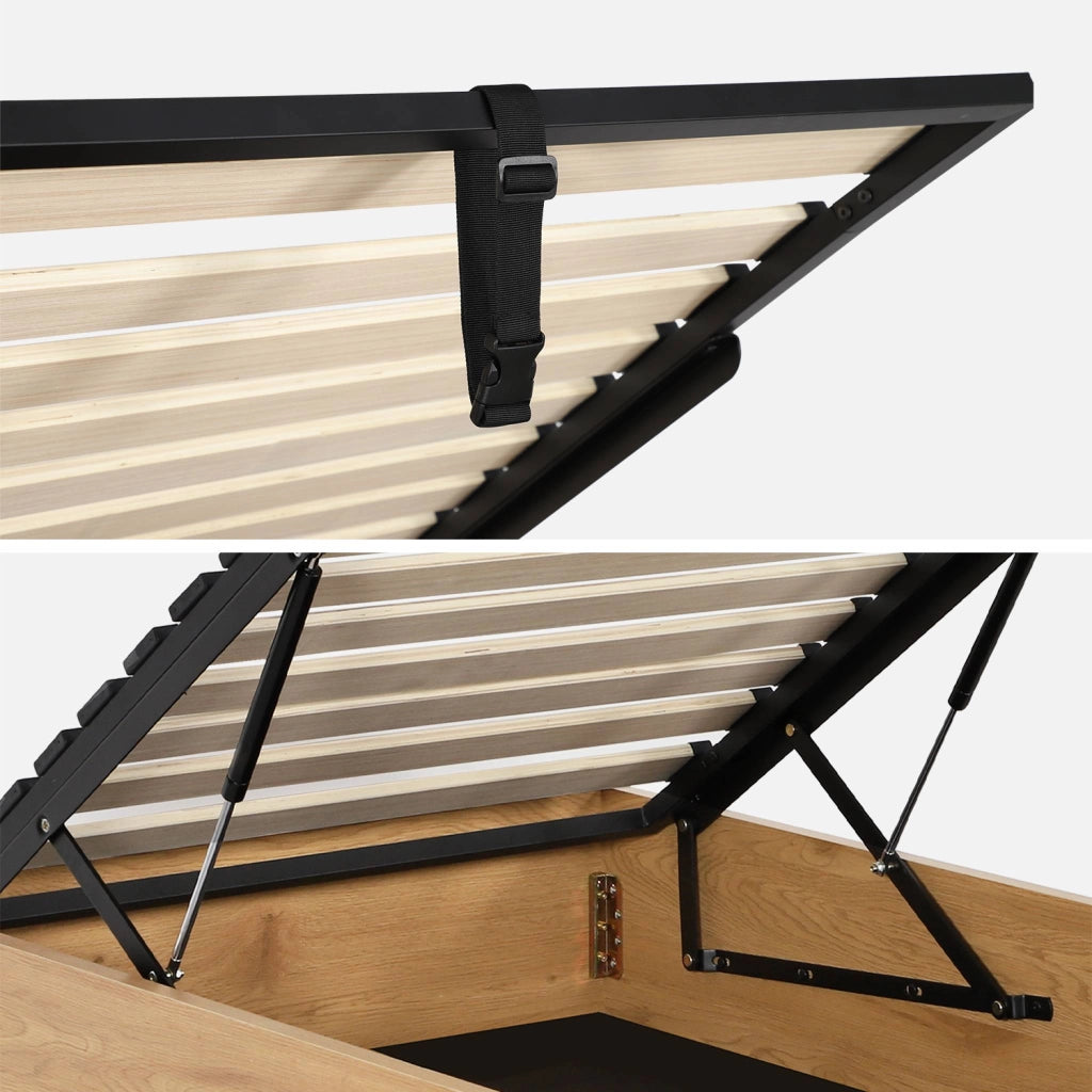 Letto contenitore con rete a doghe 90x190cm decorazione legno, quercia