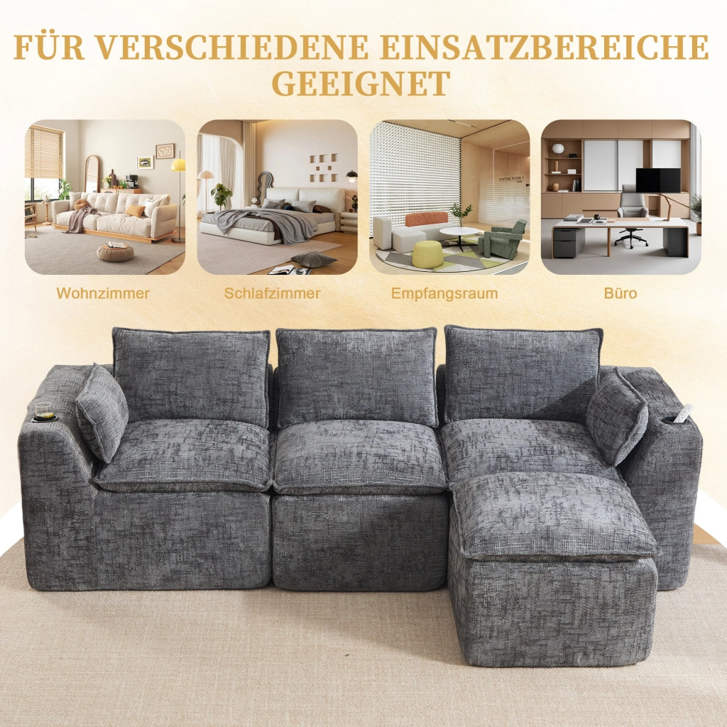 Divano modulare a 3 posti con tasche laterali cuscini e molle in ciniglia grigio scuro 256 × 161 × 75 cm