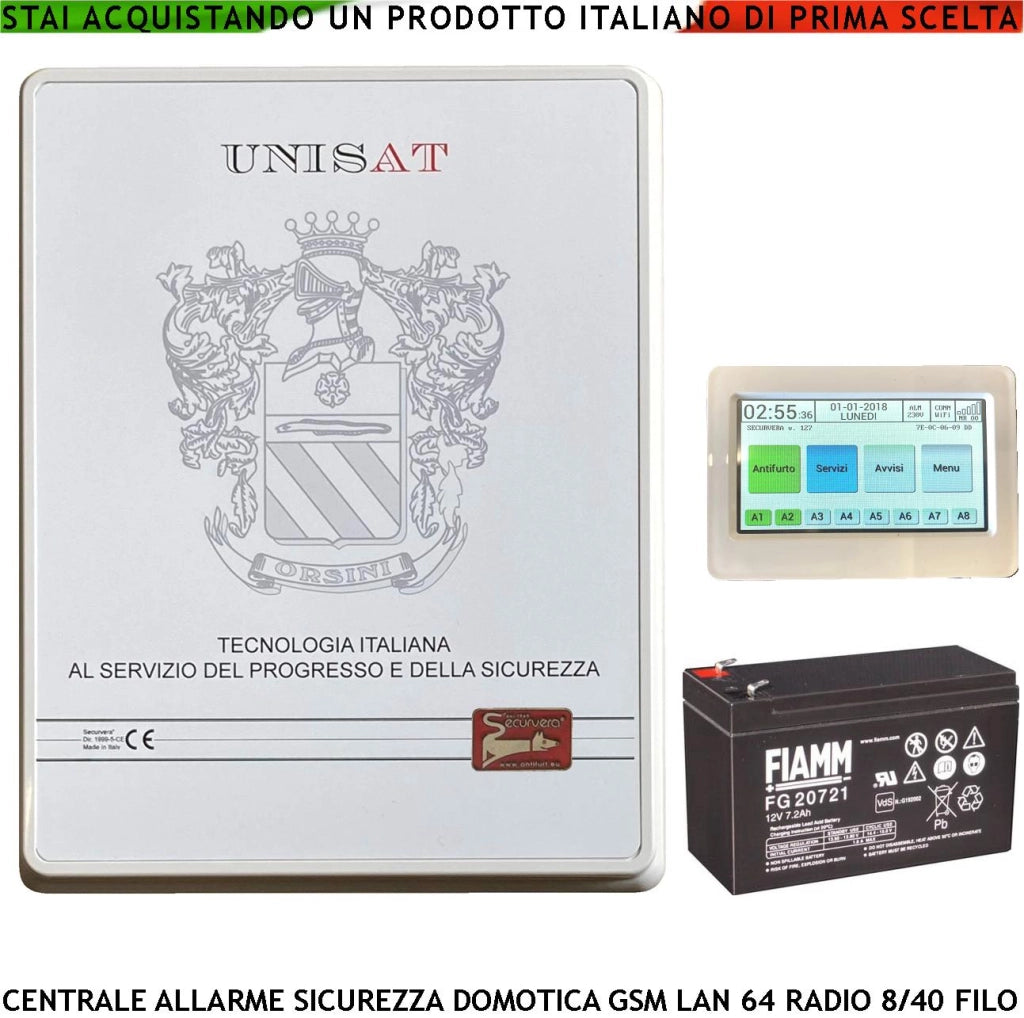 Rinnova Impianto Antifurto Filo Esistente Con Unisat 8 Zone Optional 40 Gestita Chiave RFID Radiocomando 868 MHz da APP 8 Aree 50 Utenti Funzioni Programmabili Domotica GSM/GPRS LAN Batteria 12V 7Ah