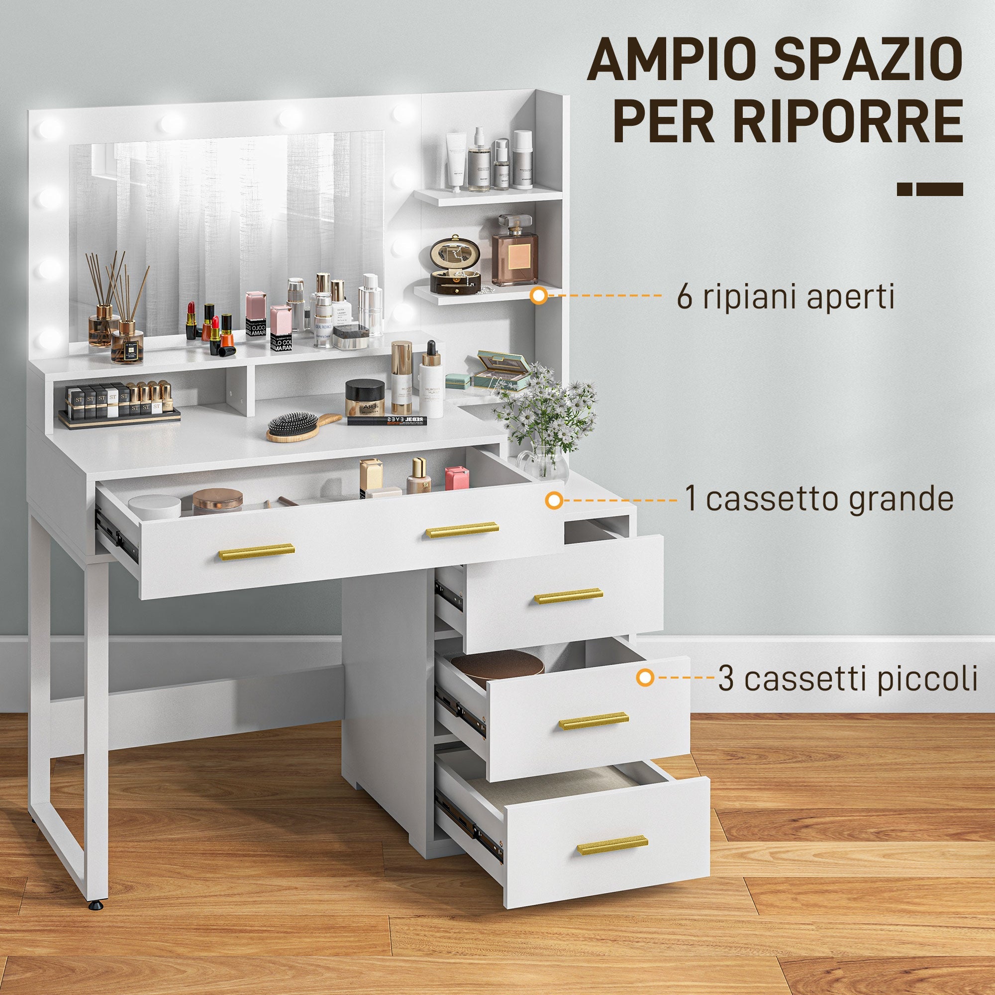 Tavolo da Trucco in Legno 100x40x138 cm con 4 Cassetti 6 Ripiani Aperti e Specchio Bianco