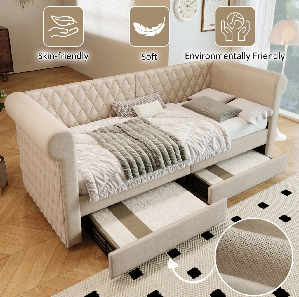 Letto singolo daybed 90x200 cm in lino beige con 2 cassetti e testiera vintage