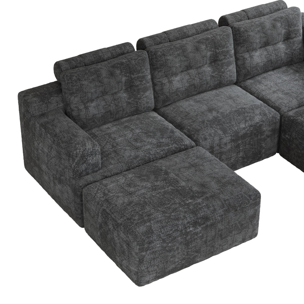 Divano modulare a U con pouf; 252 x 180 x 82 cm; chenille grigio