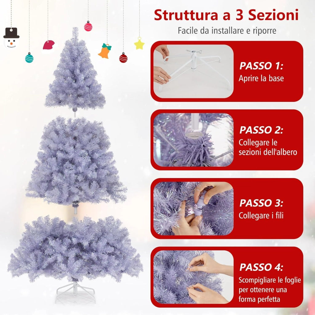 Albero di Natale 180 cm, Albero di Natale Preilluminato con 688 Rami Folti, 250 Luci LED Bianco Caldo, 8 Modalità e Base, Decorazione Natalizia per Casa e Ufficio (Viola, 180 cm)
