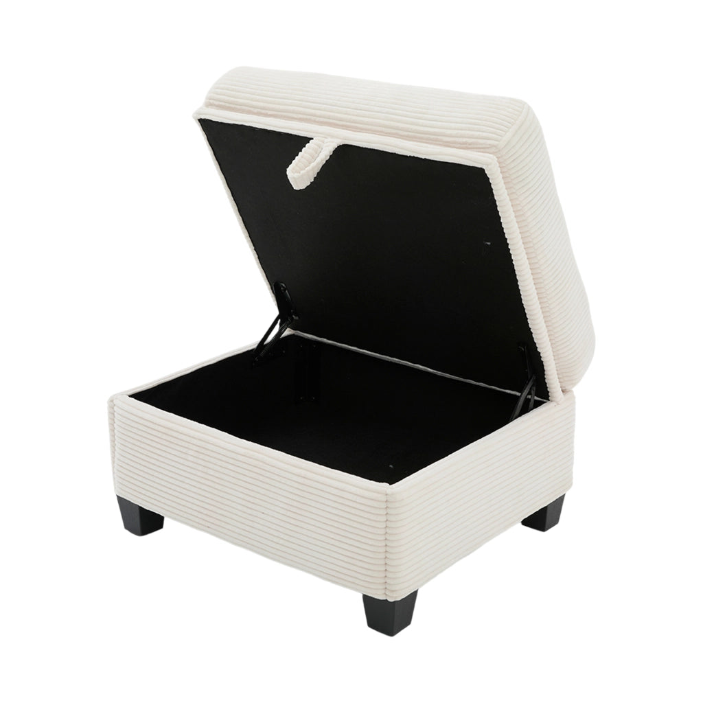Divano Dritto con Console Scorrevole, USB-C, Tasche Laterali e Pouf Contenitore, in Velluto a Coste Beige