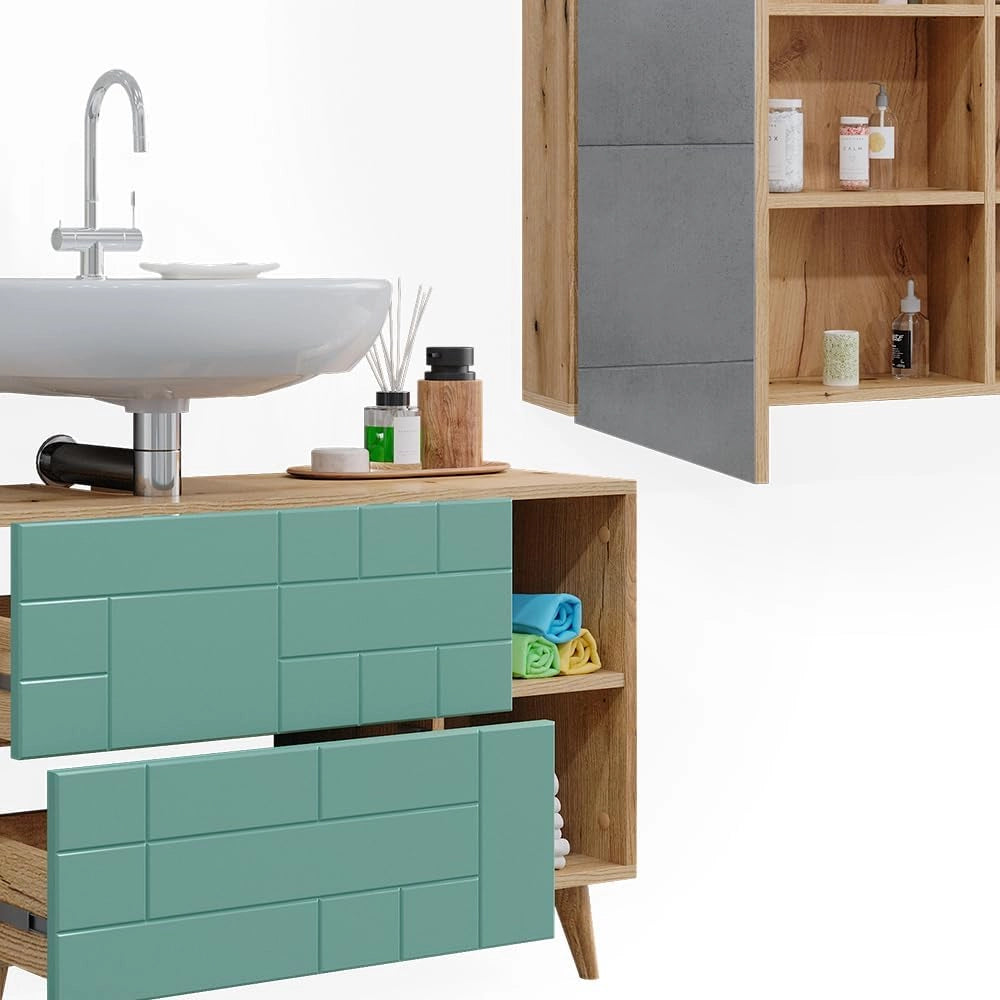 Set di mobili da bagno Rudi, Verde menta, 90 cm, composto da specchio da bagno e mobile sottolavabo