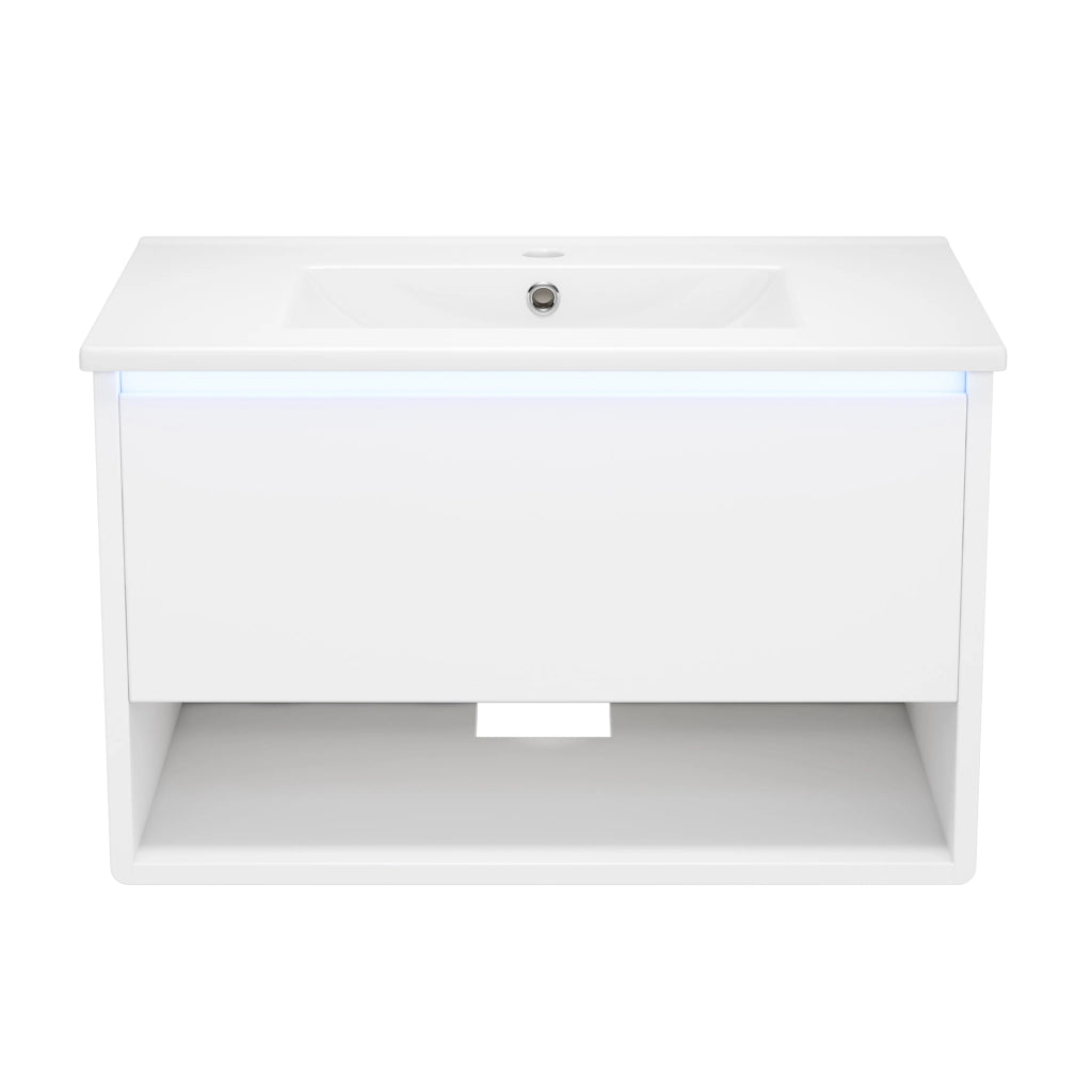Mobile Sottolavabo Sospeso con Lavabo ¨C MINIMAL ¨C Bianco, LED, Cassetto, 76.5x46x45