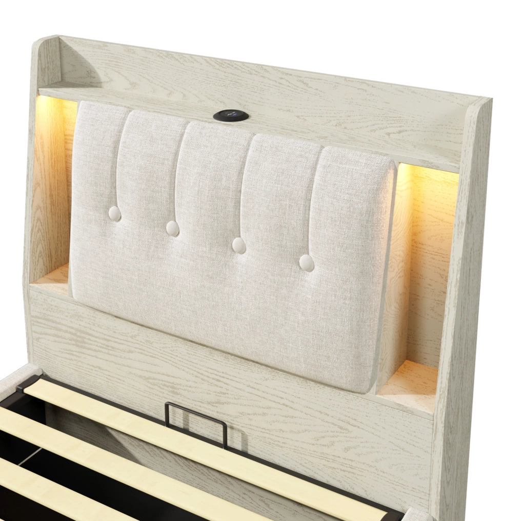 Letto imbottito 90x200 cm con USB Type-C; contenitore ribaltabile e LED; lino beige