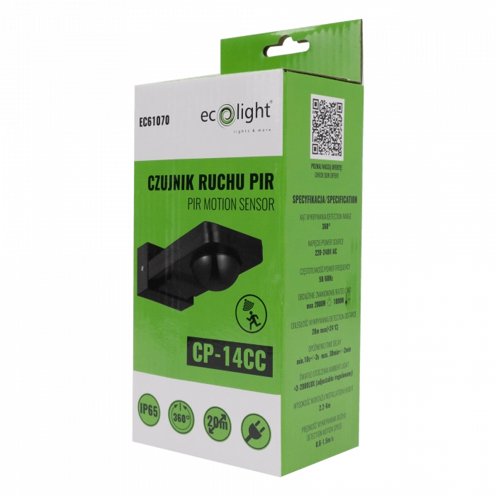 Sensore movimento PIR da parete nero IP65 Ecolight