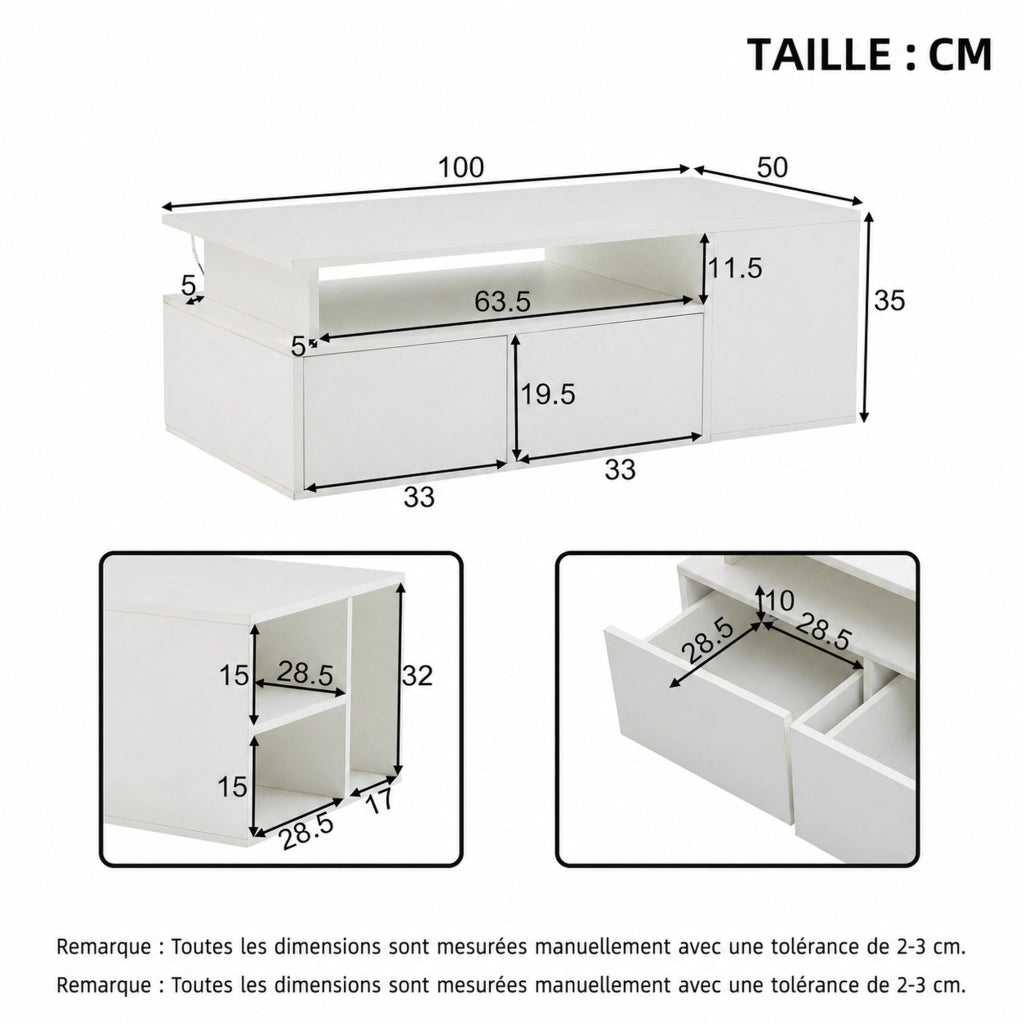 TAVOLINO DA SALOTTO 100x50x35 cm Bianco Lucido con LED e 2 Cassetti