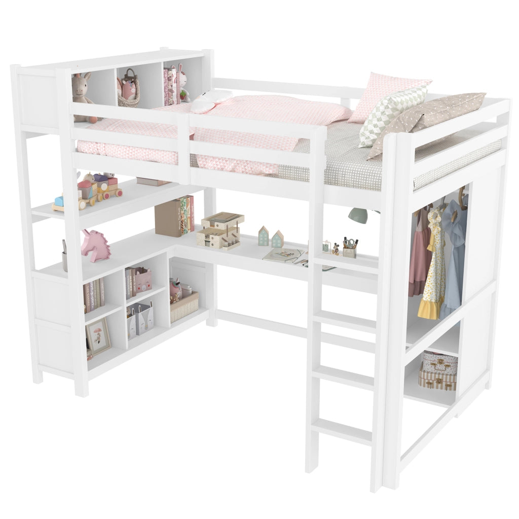 Letto a soppalco 140x200 cm con scrivania e armadio bianco