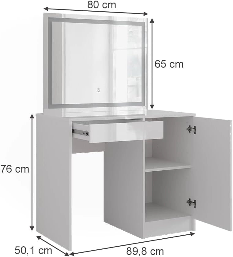 Tavolo da toeletta Sherry, Bianco/bianco lucido, 89.8 cm con specchio LED