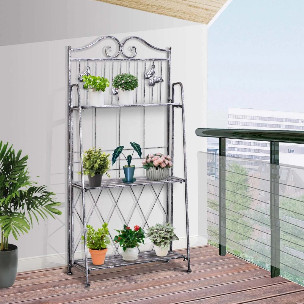Portavasi pieghevole in metallo grigio a 3 ripiani 44x25x96 cm