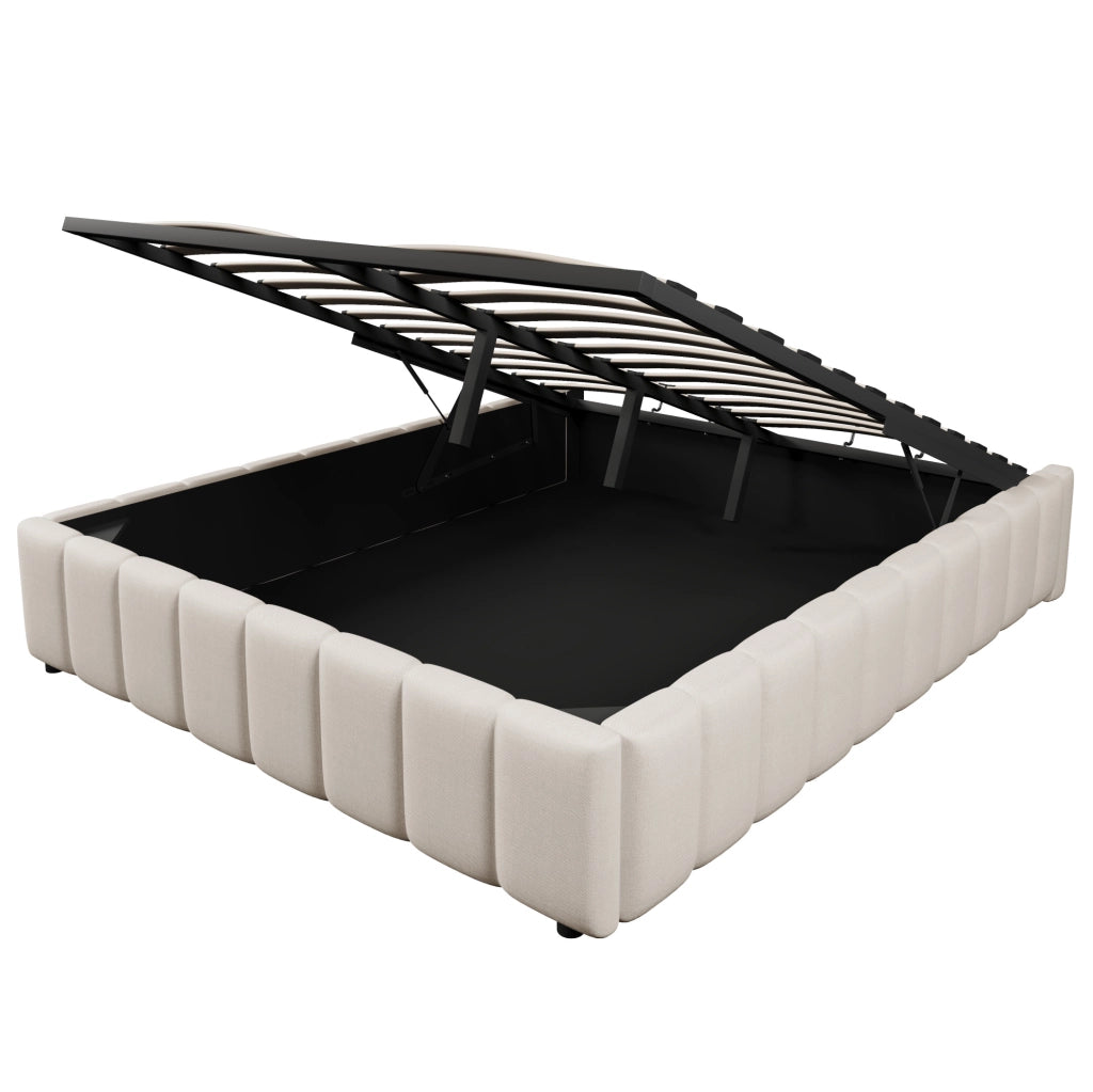 Letto imbottito 140x200 cm con contenitore idraulico, senza testata, beige