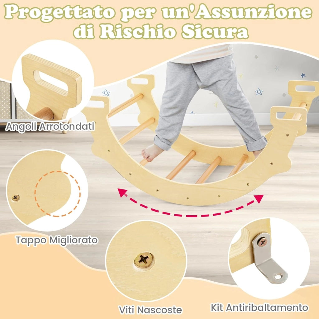 Arco da Arrampicata per Bambini, 2 in 1 Altalena ad Arco in Legno con Cuscino Morbido, Doppia Faccia, Ideale per Bambini 1+ Anni (Naturale)