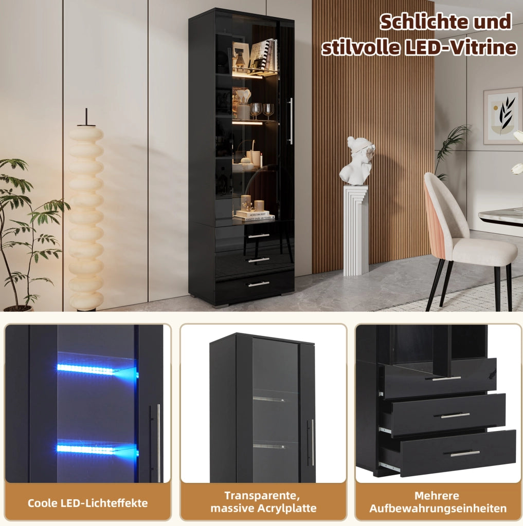 Vetrina verticale nera 60x35x180 cm in MDF con LED; 1 porta; 3 cassetti e frontale lucido