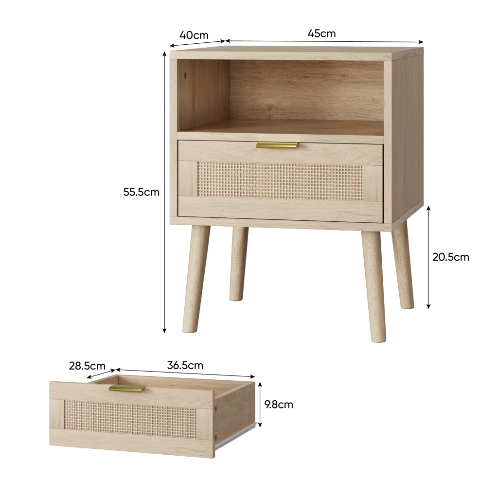 Comodino in rattan con 1 cassetto e 1 vano aperto, maniglia dorata, stile boho, per camera da letto, 45 × 40 × 55 cm