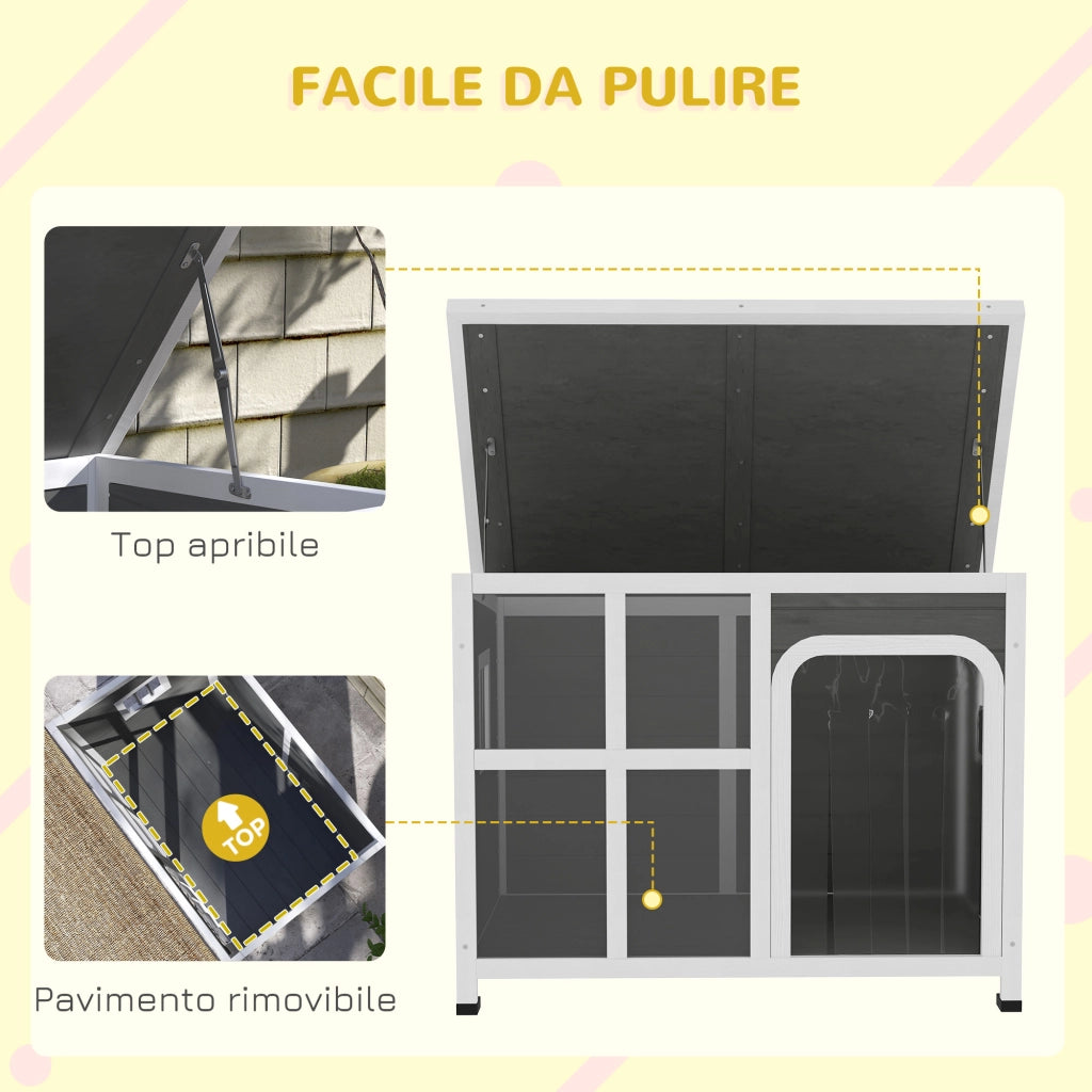 Casetta per Cani con Finestrelle e Ingresso a Tenda, in Legno di Abete, 90x62x71 cm, Grigio Chiaro