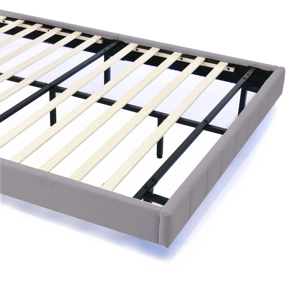 Letto imbottito 140 × 200 cm 2 posti con LED e piedi nascosti, in tessuto lino, senza materasso, grigio