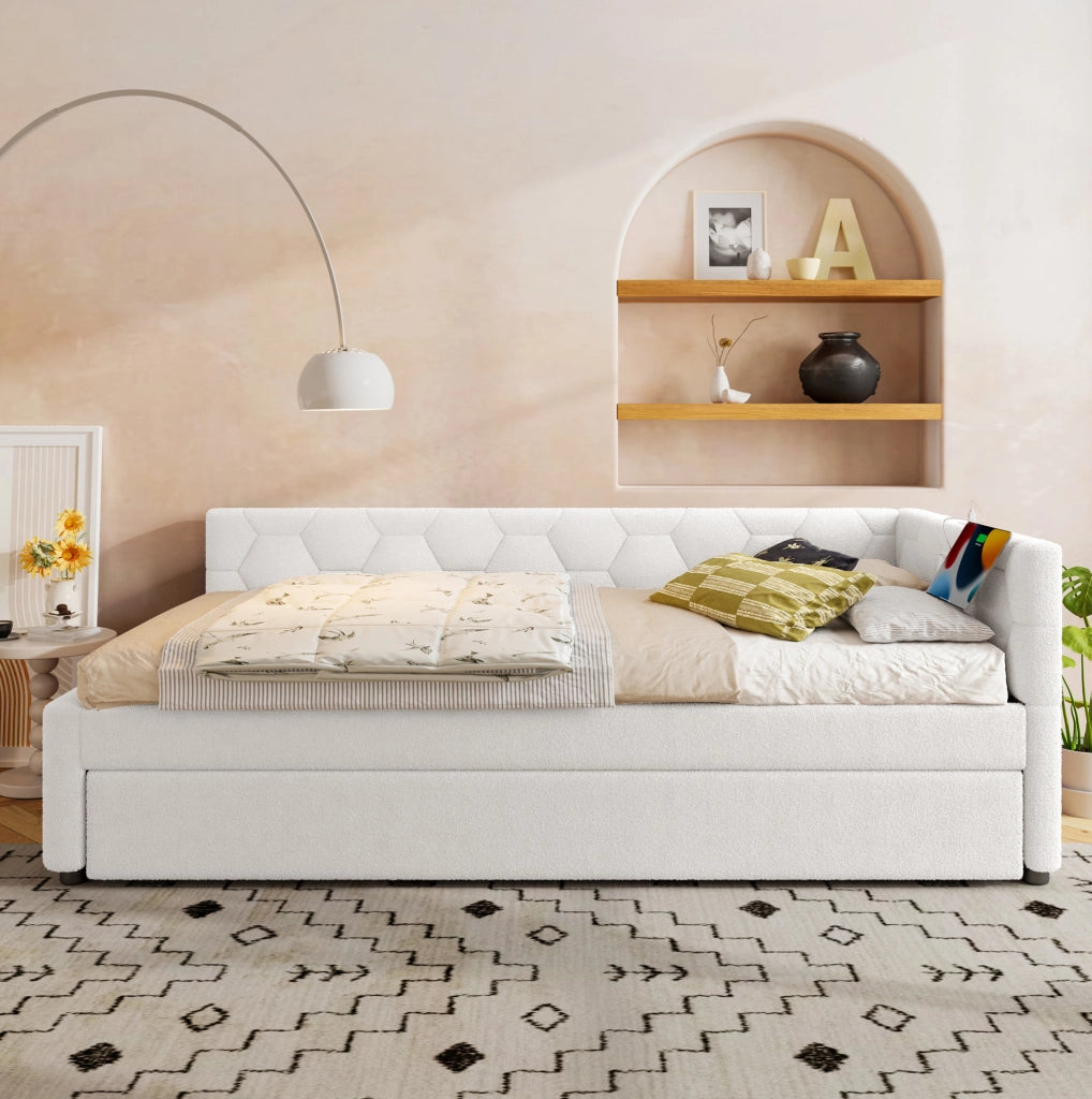 Letto Daybett 90x200 cm con Rete e Divano Letto Estraibile, USB e Lampada da Comodino, Bianco