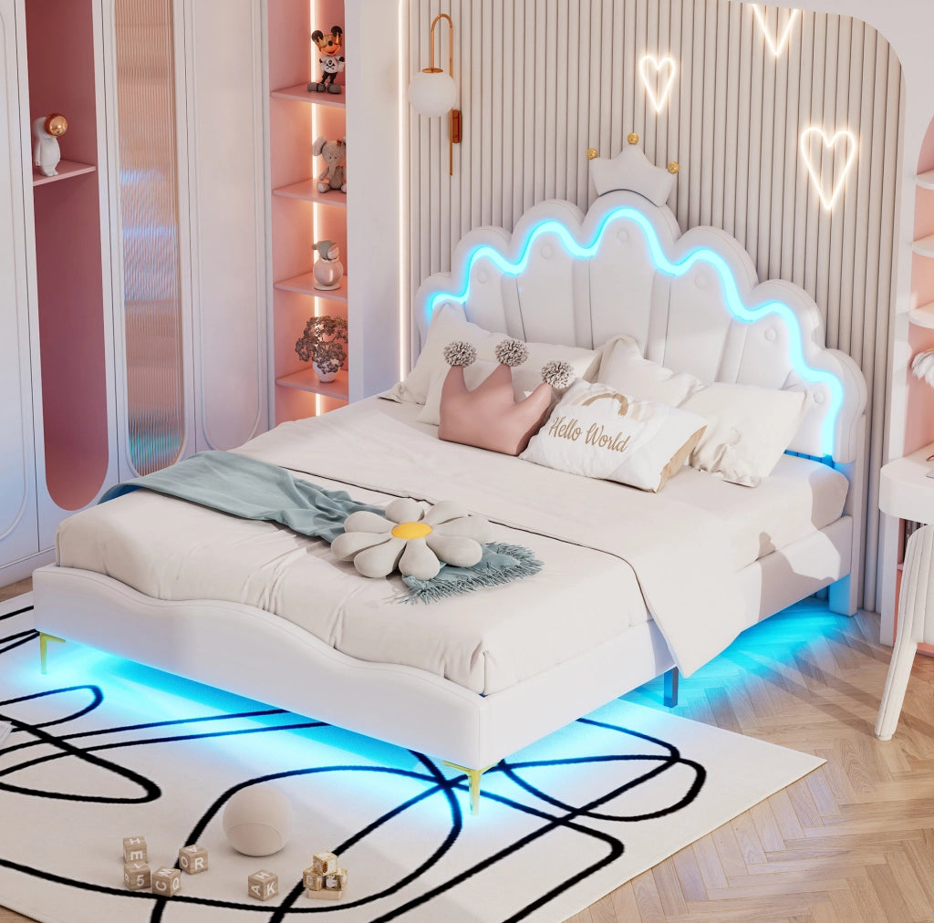 Letto matrimoniale 140x200 cm; testiera a nuvola con corona e LED; PU e MDF; bianco