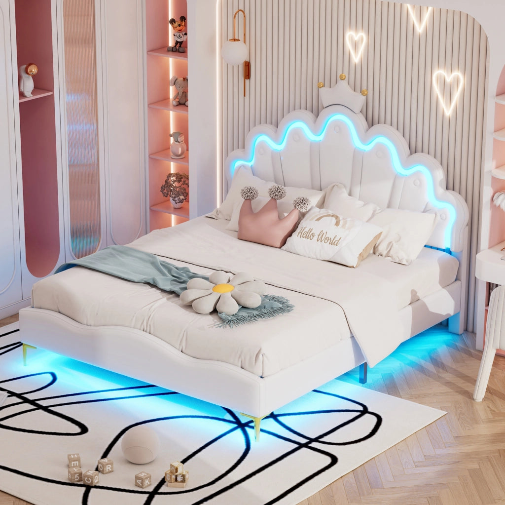 Letto matrimoniale 140x200 cm; testiera a nuvola con corona e LED; PU e MDF; bianco