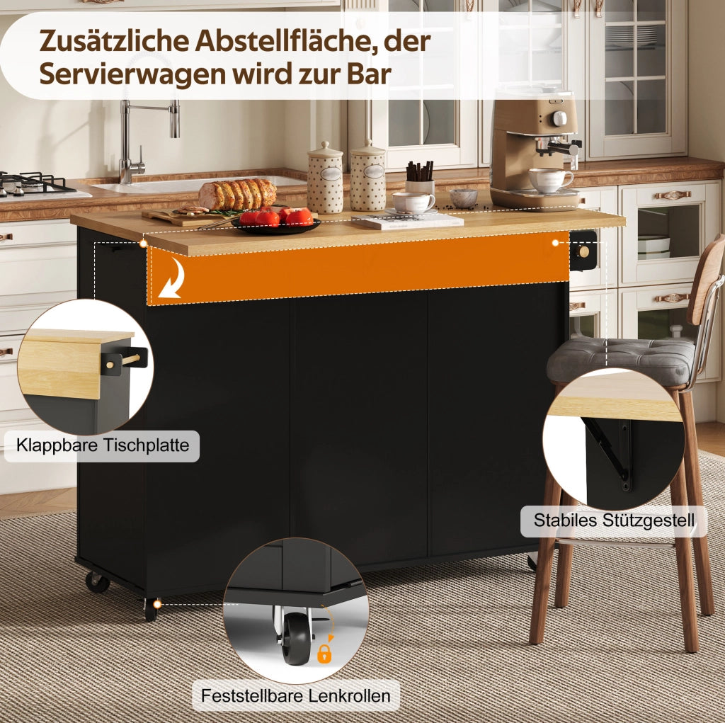 Isola da cucina mobile nera in MDF con piano ribaltabile