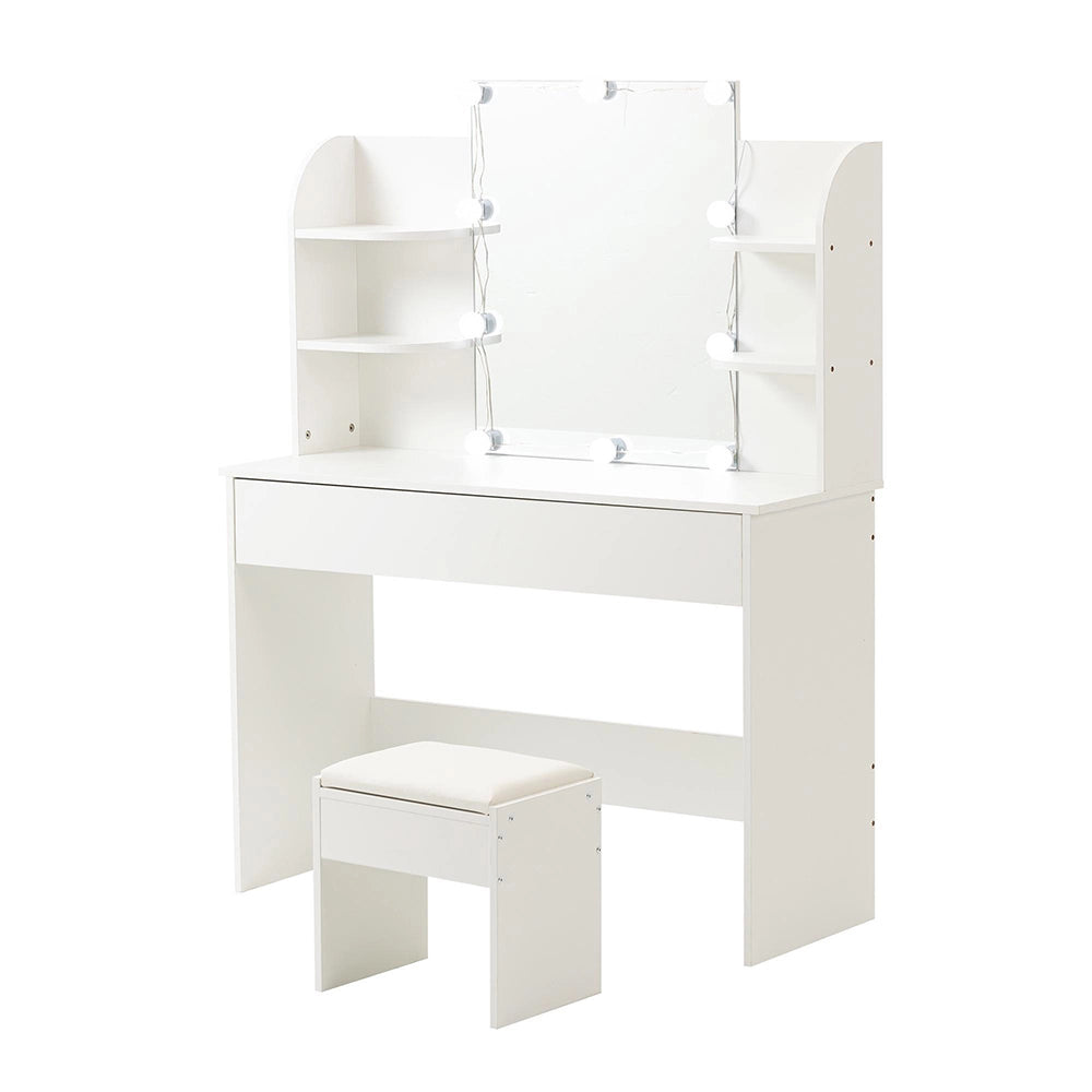 Toeletta con specchio - Xylo - LED, sgabello e 3 cassetti, bianco