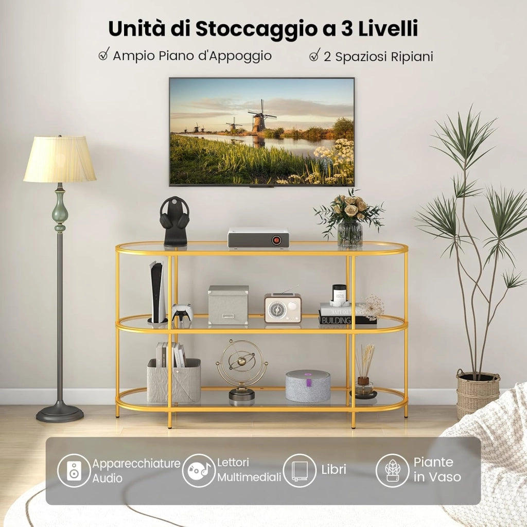 Mobile Porta TV fino a 65’’, Tavolo Consolle TV con 3 Ripiani in Vetro Temperato, Supporto TV con Struttura in Metallo, per Soggiorno, Camera da Letto
