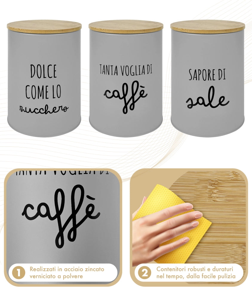 Contenitori Certificati Contatto Alimentare Contenitore Sale Zucchero Caffè Moderne Scritte Barattolo Con Coperchio Ermetico Legno Bambù Dispenser Organizzatori Alimenti Spezie Grigio