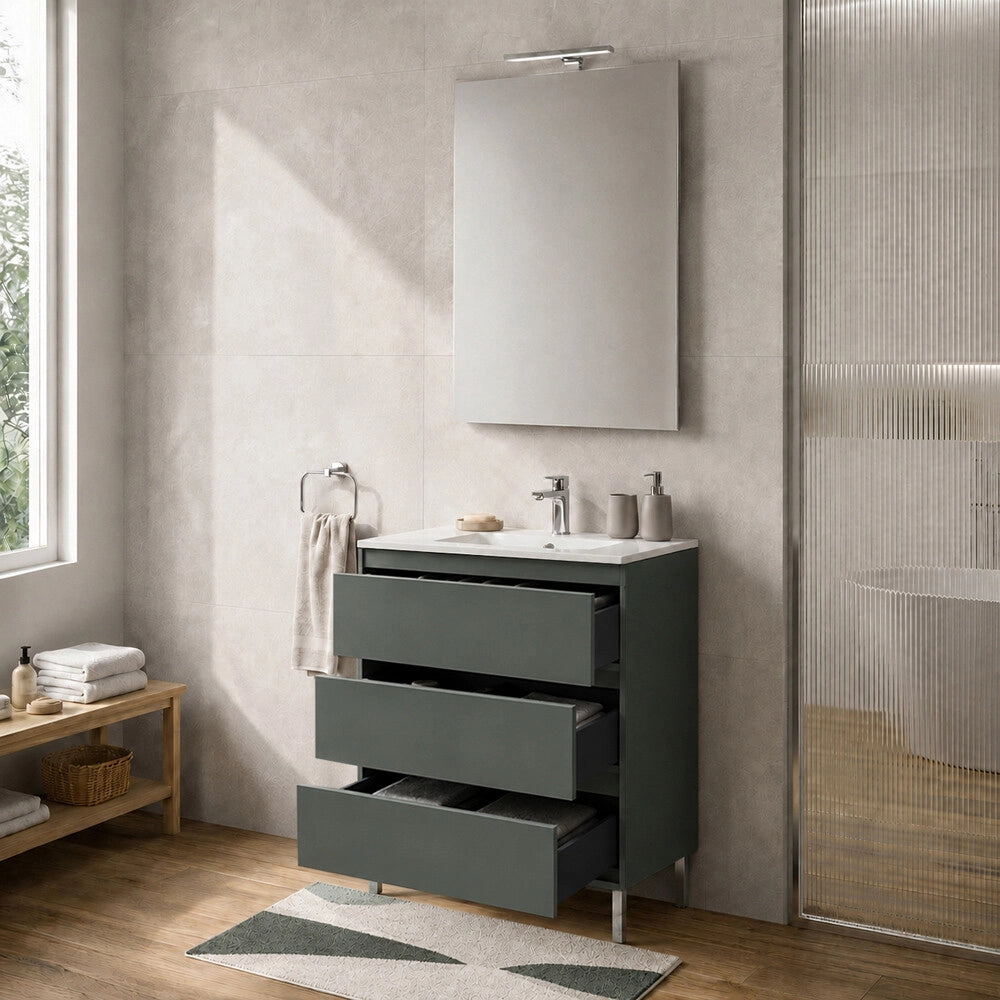 Mobile bagno a terra 60 cm verde tre cassetti push-pull con lavabo Tierra
