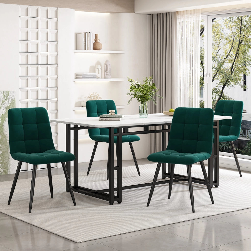 Tavolo da pranzo per 4 persone con 4 sedie in velluto, in MDF e metallo, verde, per sala da pranzo, 140 × 80 cm