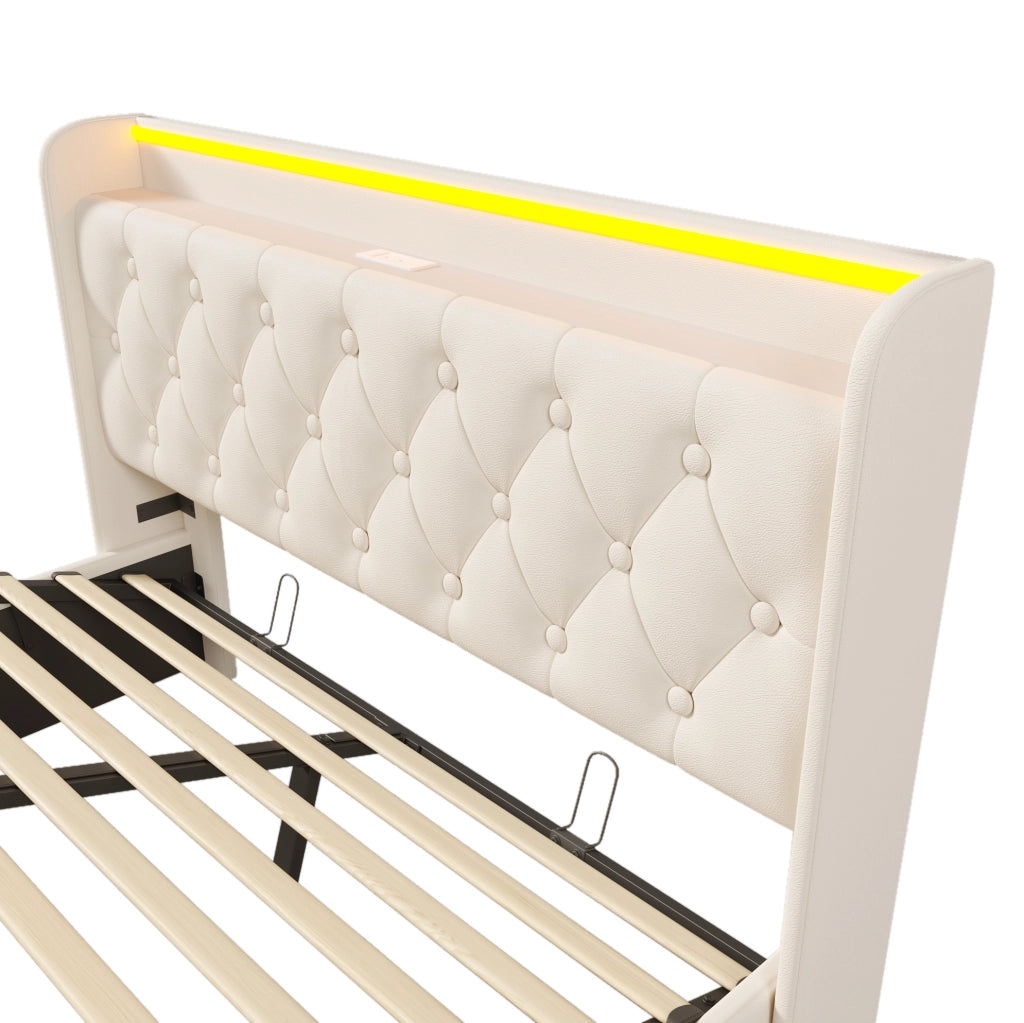 Letto contenitore imbottito con LED, ricarica USB e Tipo-C, 160 x 200 cm, bianco