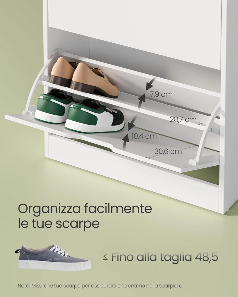 VASAGLE Scarpiera a 3 Ante a Ribalto, Scaffale Portascarpe, Scomparto Aperto, Divisorio Regolabile, 14-18 Paia, per Piccoli Ingressi, 24 x 60 x 139 cm, Bianco Nuvola LBC046W01