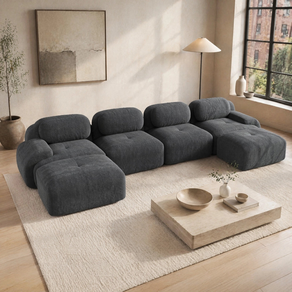 Divano angolare modulare senza montaggio in velluto a coste grigio; design ergonomico e struttura senza telaio