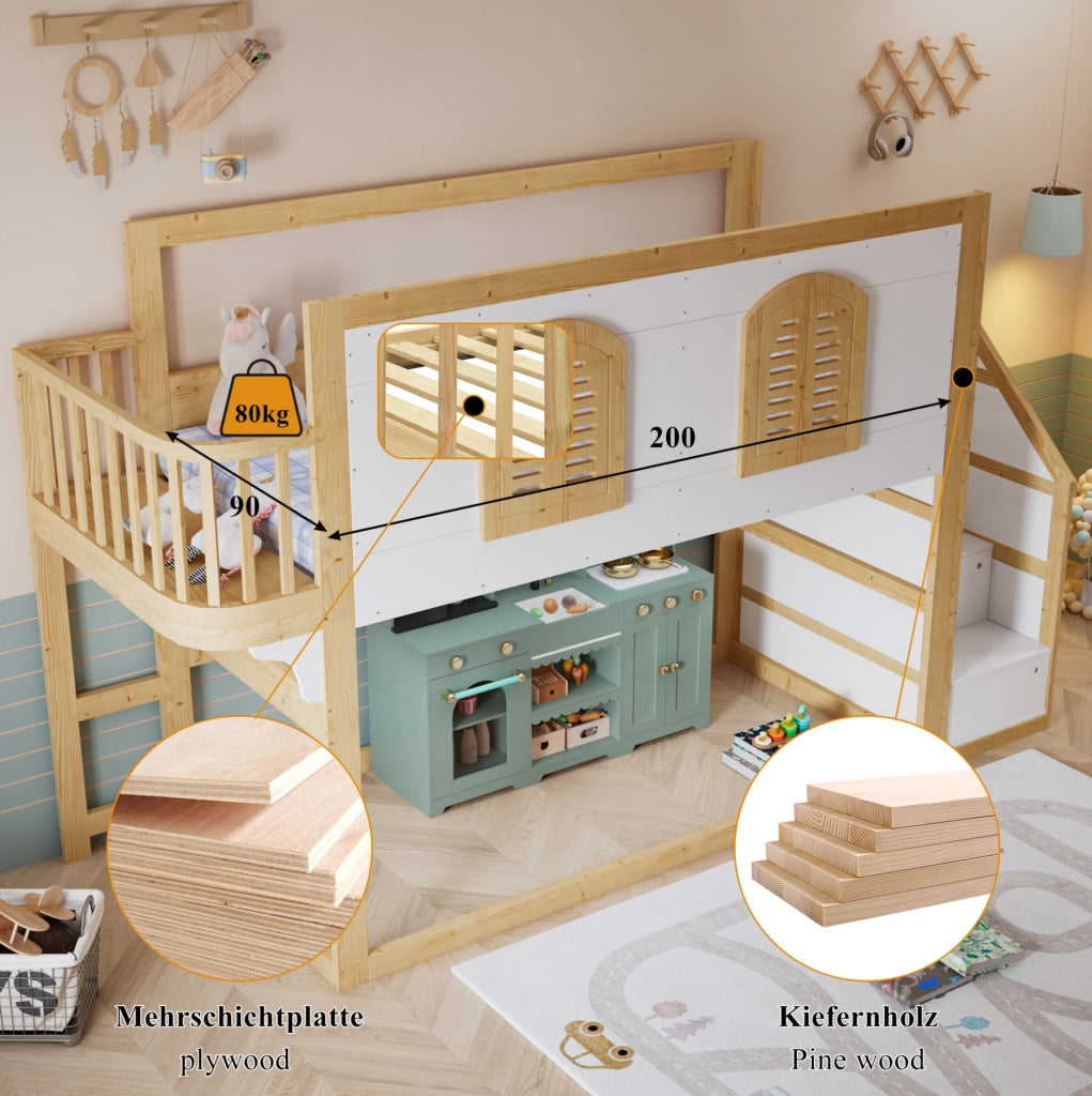 Letto a soppalco per bambini 90x200 cm bianco e naturale