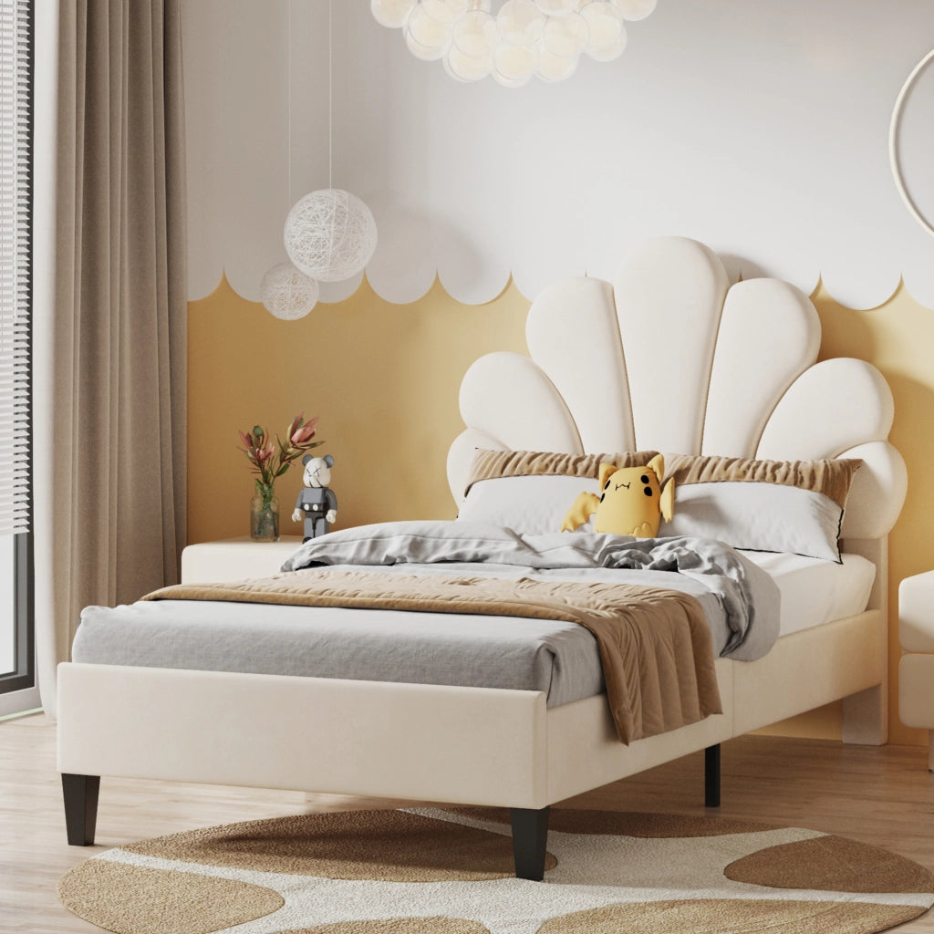 Letto imbottito 90 x 200 cm beige con testiera a fiore e rete a doghe