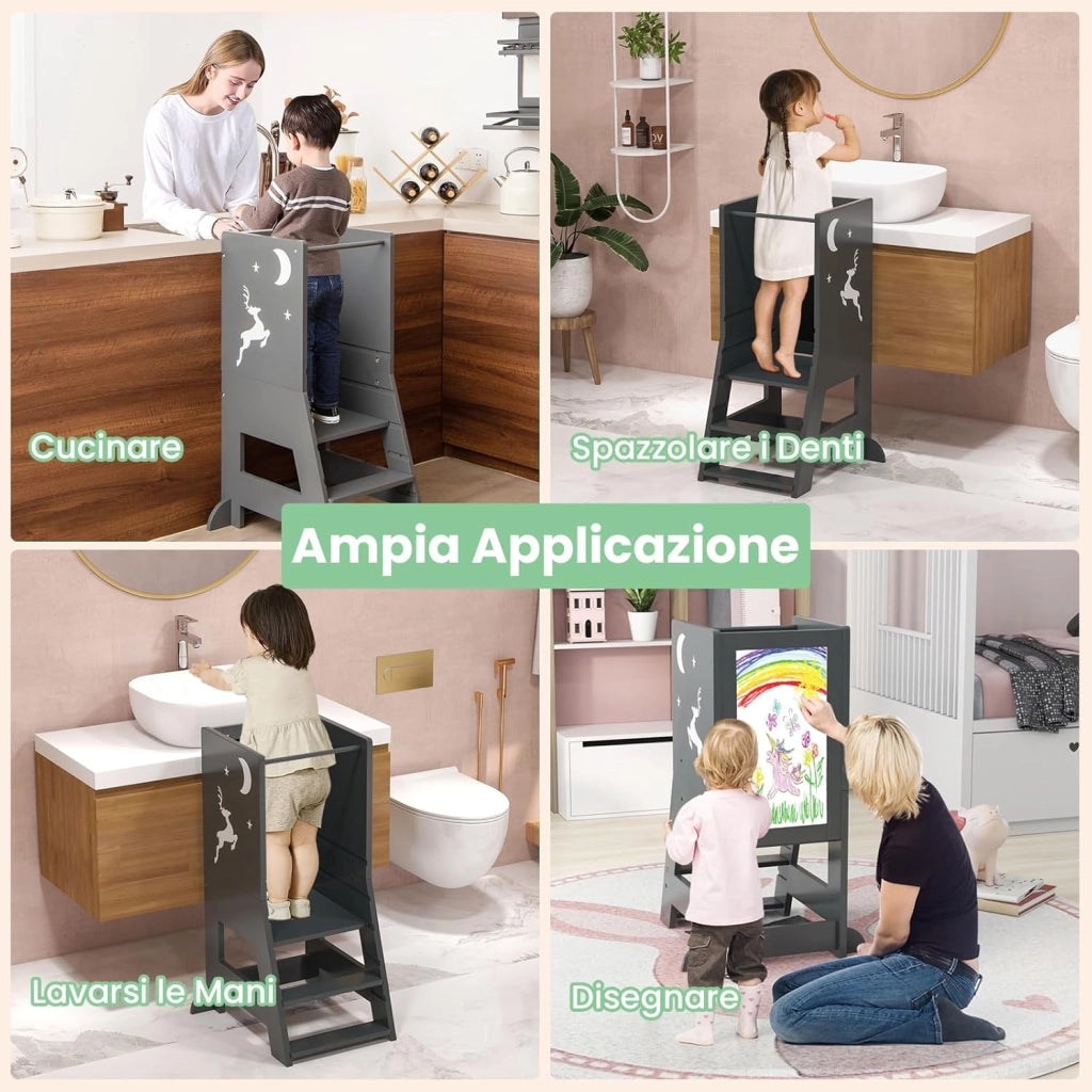 Torre per Bambini 2 in 1, Sgabello da Cucina per Bambini con 3 Penne, Lavagna Bianca e Nera, Piattaforma e Gradino Regolabili, per Bambini da 1 a 7 Anni, Capacità di Carico 70 kg (Grigio)