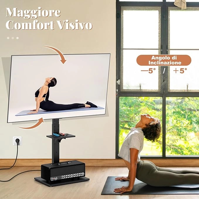Supporto TV da Pavimento da 32-70 Pollici, Piedistallo TV Regolabile in Altezza e Inclinazione con Presa di Corrente e Ripiano AV, Portata 50 kg, Porta TV per Soggiorno