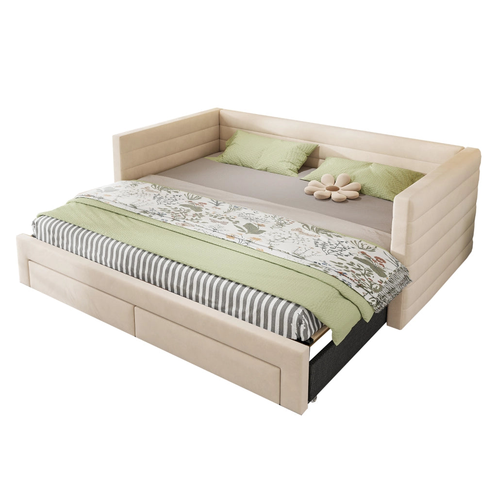 Divano letto 3-in-1 con cassetti, 90x190 cm, cotone/lino beige