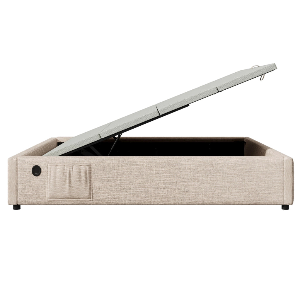 Letto contenitore per materasso 160x200 cm con USB e Type-C; lino beige e naturale; senza testiera