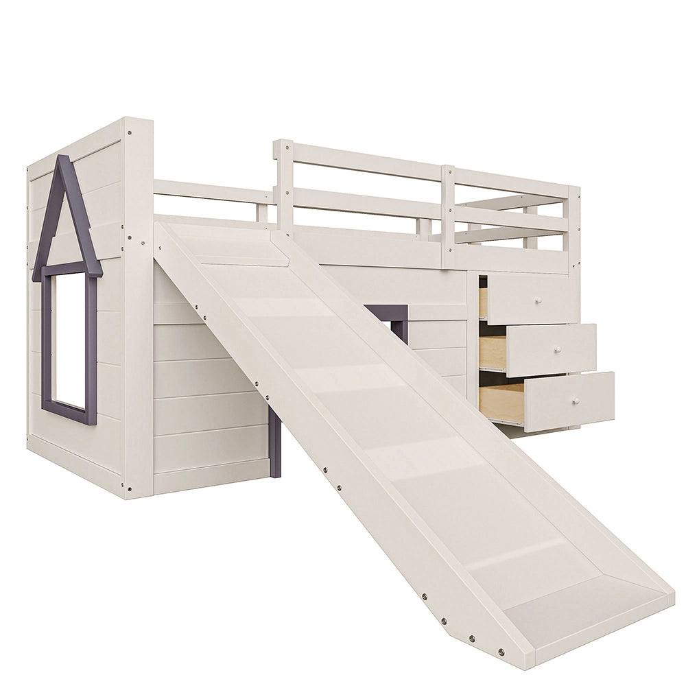 Letto basso con scivolo 90x200cm - Xylo - crema, 3 cassetti+2 ante