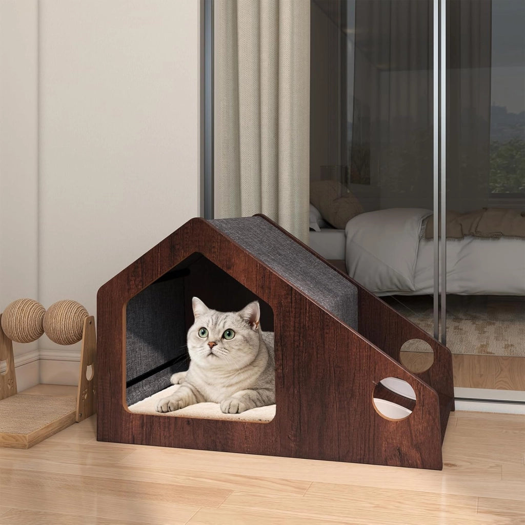 Casetta in Legno per Gatti da Interni, Condo per Gatti con Stazione di Alimentazione, Tetto Rimovibile e Struttura in Metallo, Cuccia per Gattini in Stile Fattoria, 60 x 40 x 40 cm